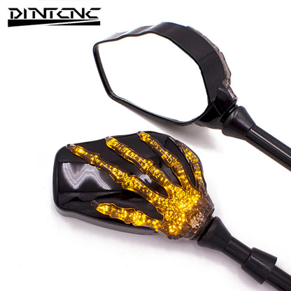 DINTCNC Universal for M8 M10 for Motorcycle Skull Skull Claw Rear View Mirror with Amber LED Turn Signal Light Parts